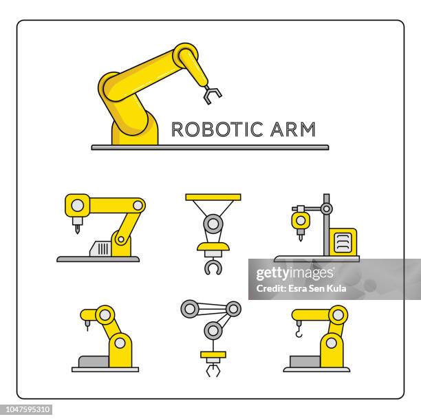 robotic arm and 3d printer icon set - plastics processing stock illustrations