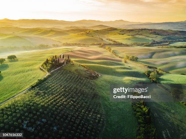 toskana-tal val d ' orcia bei sonnenaufgang aus luftaufnahmen sicht - the house film 2017 stock-fotos und bilder