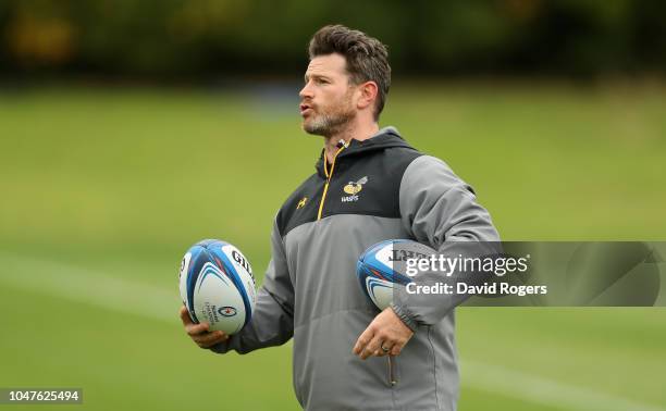 Andy Titterrell, the Wasps forwards coach looks on during the Wasps training session held on October 8, 2018 in Coventry, England.