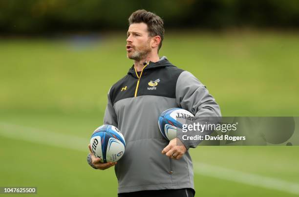 Andy Titterrell, the Wasps forwards coach looks on during the Wasps training session held on October 8, 2018 in Coventry, England.