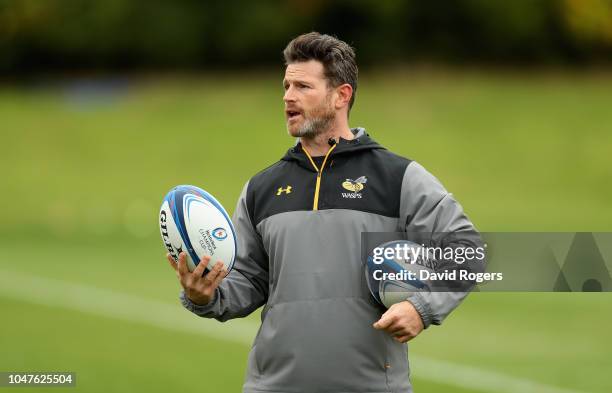 Andy Titterrell, the Wasps forwards coach looks on during the Wasps training session held on October 8, 2018 in Coventry, England.