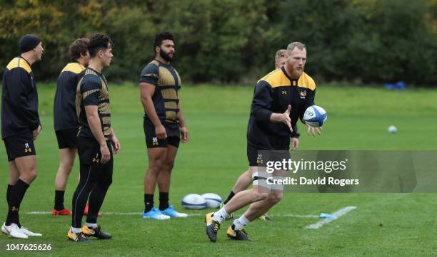 Kearnan Myall catches the ball during the Wasps training session held on October 8, 2018 in Coventry, England.