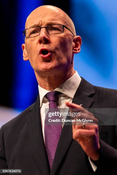 Depute First Minister of Scotland John Swinney MSP, makes his keynote speech at the 84th annual SNP conference at the Scottish Exhibition and...