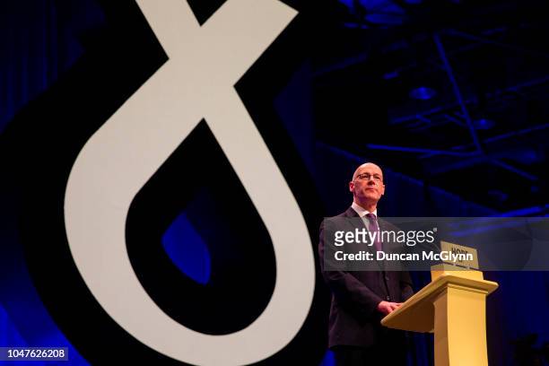 Depute First Minister of Scotland John Swinney MSP, makes his keynote speech at the 84th annual SNP conference at the Scottish Exhibition and...