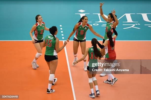 Mexico celebrates a point during the Pool E match between Mexico and Brazil on day two of the FIVB Women's World Championship second round at Nippon...