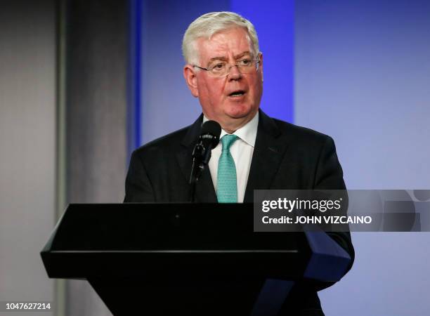 The European Union envoy to Colombia's peace process, Eamon Gilmore delivers a press conference at Narino presidetial palace in Bogota on October 8,...