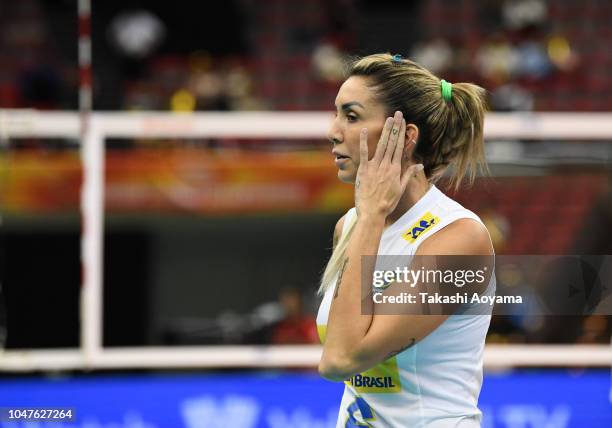 Thaisa Daher De Menezes of Brazil looks on during the Pool E match between Mexico and Brazil on day two of the FIVB Women's World Championship second...