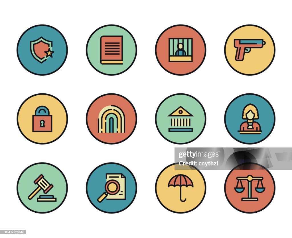 Line icons set of Law and Justice. Modern color flat design linear pictogram collection. Outline vector concept of stroke symbol pack. Premium quality web graphics material.