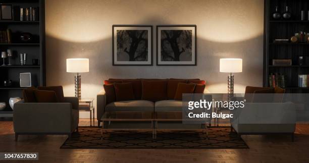 modern living room - evening (17:9) - dusk stock pictures, royalty-free photos & images