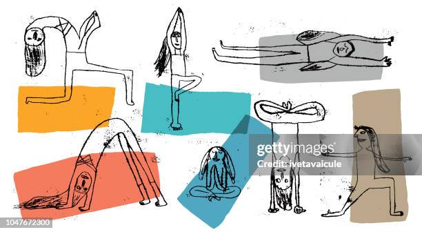 ilustraciones, imágenes clip art, dibujos animados e iconos de stock de práctica de yoga - exercising stock illustrations