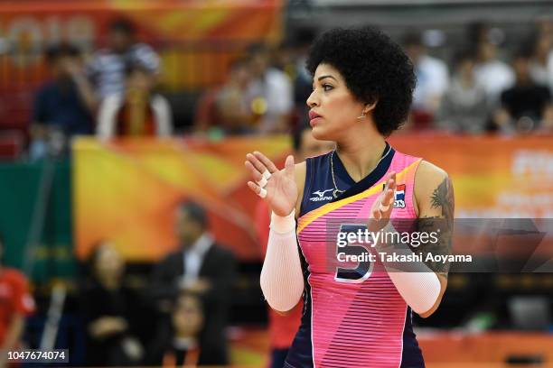 Brenda Castillo of Dominican Republic looks on during the Pool E match between Netherlands and Dominican Republic on day two of the FIVB Women's...