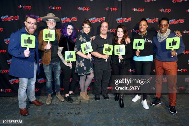 The Great Debate" -- Pictured: Travis McElroy, Adam Savage, Mallory O'Meara, Amber Nash, Jimmy Palmiotti, Amanda Connor, Aisha Tyler, Orlando Jones --