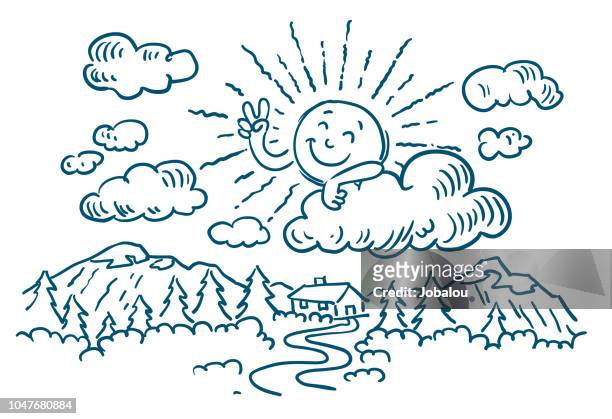 doodle happy sun peace cartoon - sunny clouds stock illustrations