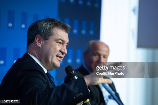 Markus Soeder and Alfred Gaffel at a discussion with economic leaders, in Munich, Germany, on October 8, 2018. The Bavarian Ministerpraesident Markus...