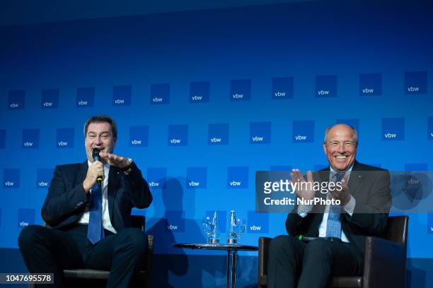Markus Soeder and Alfred Gaffel at a discussion with economic leaders, in Munich, Germany, on October 8, 2018. The Bavarian Ministerpraesident Markus...