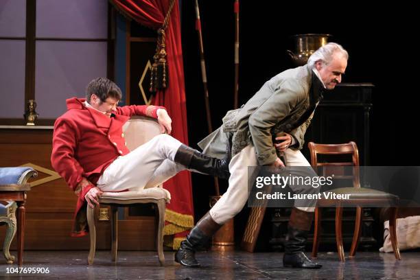 Aurelien Wiik and Alain Pochet Perform "La Conversation" Theater Play by Jean D'Ormesson at Theatre du Gymnase on October 8, 2018 in Paris, France.