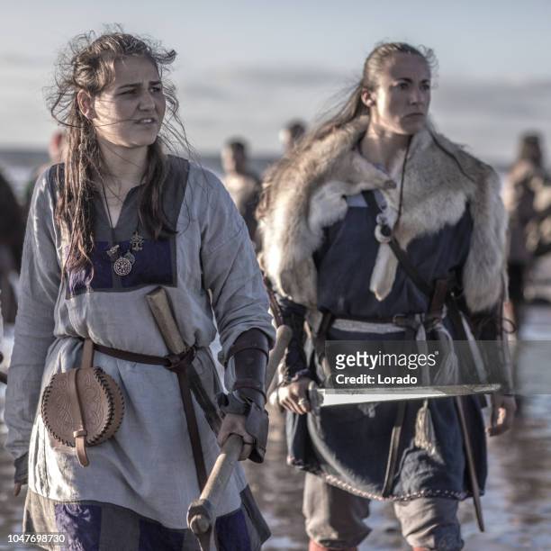 female viking couple - france v scotland stock pictures, royalty-free photos & images