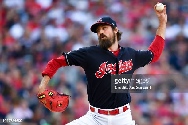 Andrew Miller of the Cleveland Indians pitches in the seventh inning during Game 3 of the ALDS against the Houston Astros at Progressive Field on...