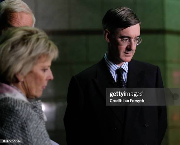 Anna Soubry, MP for Broxtowe and Jacob Rees Mogg MP for North East Somerset meet during a Channel 4 news television interview with Jon Snow on day...