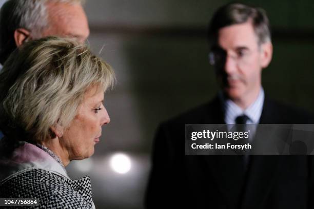 Anna Soubry, MP for Broxtowe and Jacob Rees Mogg MP for North East Somerset meet during a Channel 4 news television interview with Jon Snow on day...