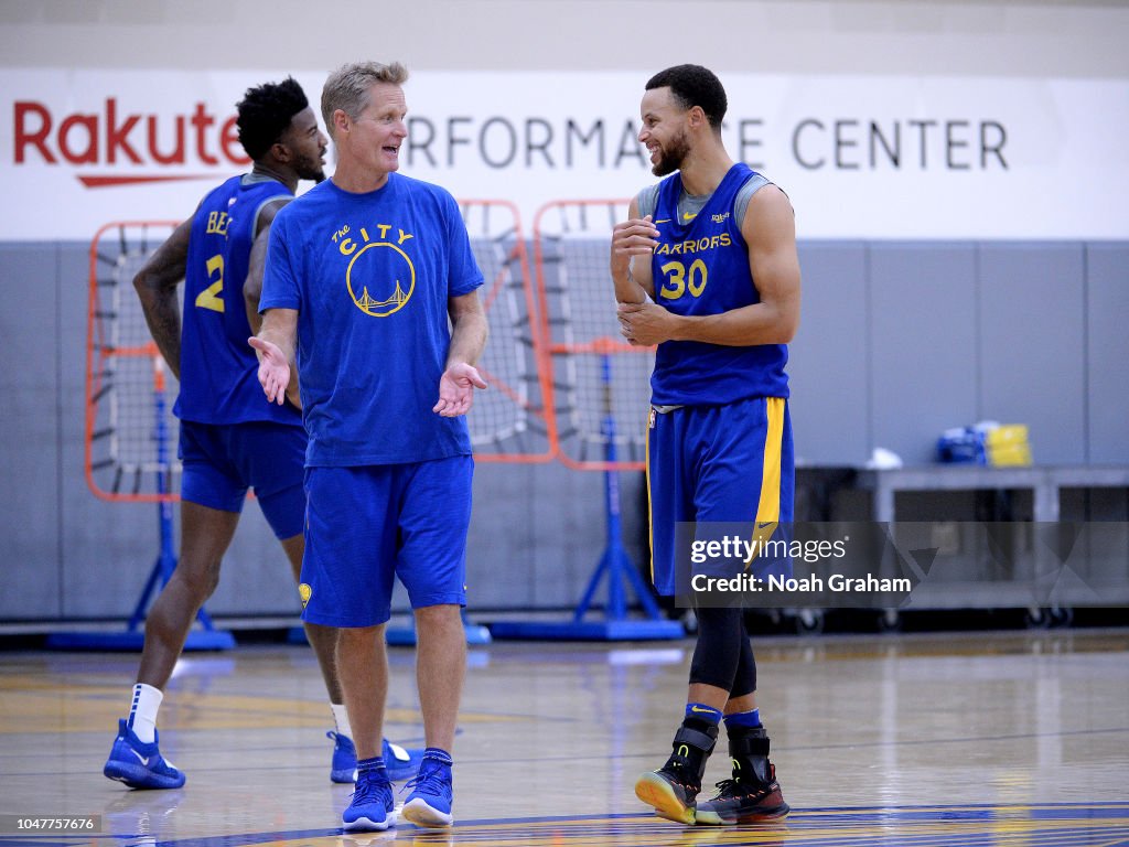 Head Coach Steve Kerr, and Stephen Curry of the Golden State Warriors