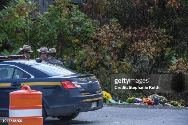 State troopers guard the site of the fatal limousine crash on October 8, 2018 in Schoharie, New York. 20 people died in the crash including the...