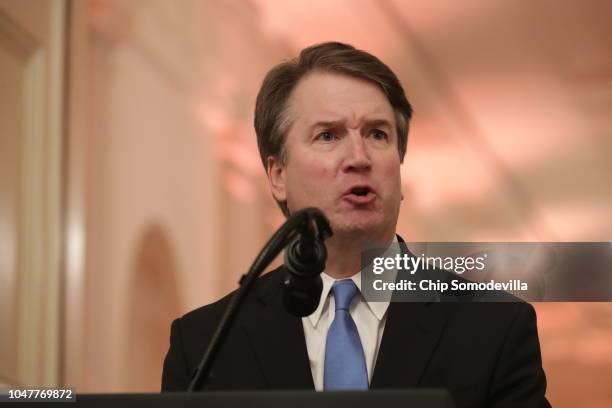 Supreme Court Justice Brett Kavanaugh speaks at his ceremonial swearing in in the East Room of the White House October 08, 2018 in Washington, DC....