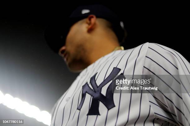 Detail shot of the New York Yankees logo on the uniform of Gleyber Torres of the New York Yankees prior to Game 3 of the ALDS against the Boston Red...