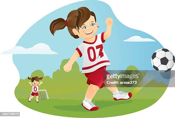 little girl playing soccer - girls playing soccer stock illustrations
