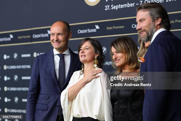 Swedish Ambassador to Switzerland Magnus Hartog-Holm, Pernille Fischer Christensen, guest, Nicole Nordin and Peter Forsberg attend the 'Astrid' photo...