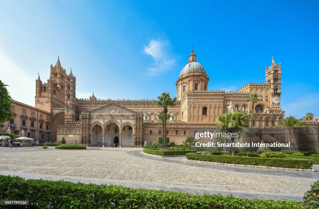 Palermo's Metropolitan Cathedral of the Assumption of Virgin Mary facade at sunset in Sicily, Italy