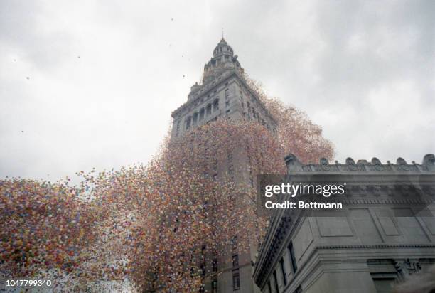 Balloons, 1.5 million of them, curl around the Terminal Tower Building during Balloonfest '86 sponsored by the United Ways Services of Cleveland. The...