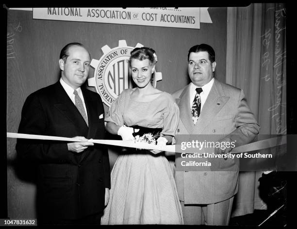 7th Annual Southern California business show at Biltmore, 20 April 1954. R.G Chollar ;Jackie Blanchard ;Don Allen . .Los Angeles, California.