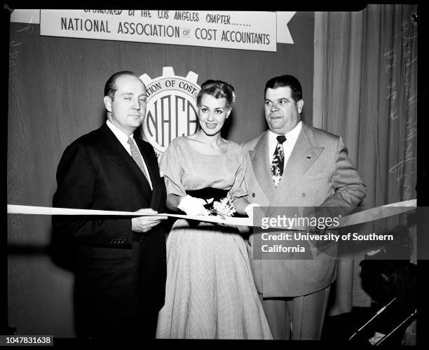 7th Annual Southern California business show at Biltmore, 20 April 1954. R.G Chollar ;Jackie Blanchard ;Don Allen . .Los Angeles, California.