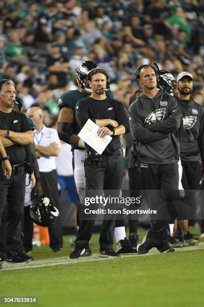 Philadelphia Eagles offensive coordinator Mike Groh looks on during the football game between the Minnesota Vikings and the Philadelphia Eagles on...