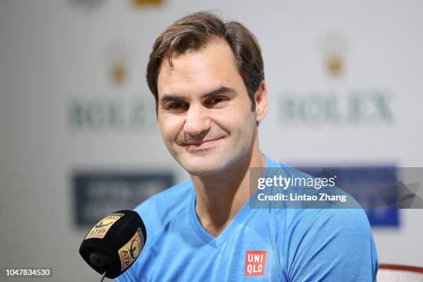 Roger Federer of Switzerland attends a press conference during the 2018 Rolex Shanghai Masters on Day 3 at Qi Zhong Tennis Centre on October 9, 2018...