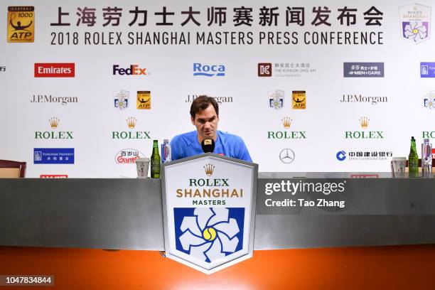 Roger Federer of Switzerland attends a press conference during the 2018 Rolex Shanghai Masters on Day 3 at Qi Zhong Tennis Centre on October 9, 2018...