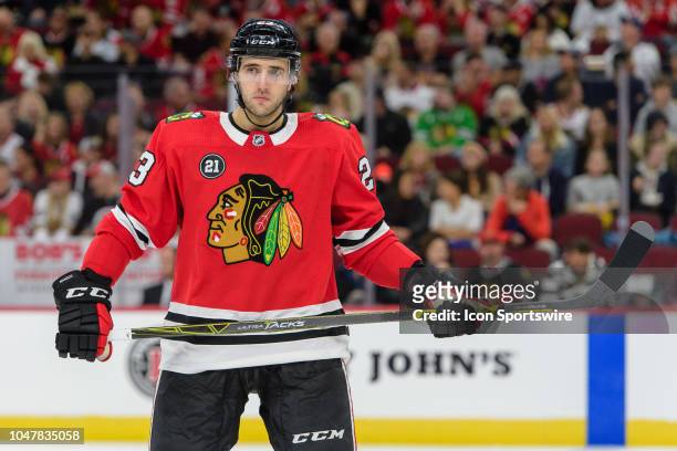 Chicago Blackhawks defenseman Brandon Manning looks on during a break in action in the 2nd period during an NHL hockey game between the Toronto Maple...