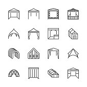 Tent flat line icons. Event pavilion, trade show awning, outdoor wedding marquee, canopy vector illustrations. Thin signs of mobile party booth. Pixel perfect 64x64. Editable Strokes
