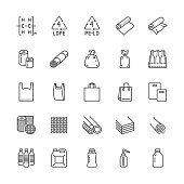 Low density polyethylene flat line icons. LDPE products - food package film, thermoresistant paper, garbage bag, plastic bottle, bubble wrap vector illustrations. Pixel perfect 64x64 Editable Strokes