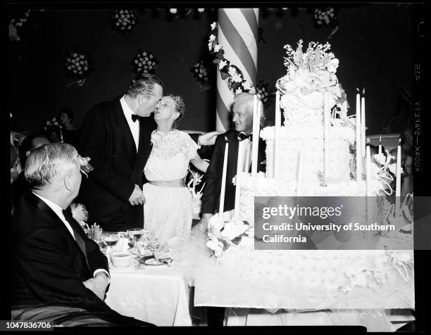 Mocambo Party for Mr and Mrs C Ray Gilliland, 2 June 1954. Warden Woolard;Jon Hall;Mr and Mrs C Ray Gilliland;Linda Danson;Hyatt Von Dehn;Beverly...