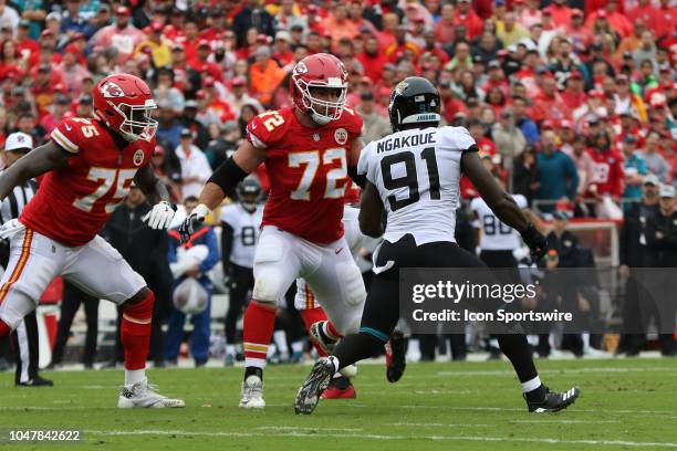 Jacksonville Jaguars defensive end Yannick Ngakoue rushes against Kansas City Chiefs offensive tackle Eric Fisher in the first quarter of an NFL game...