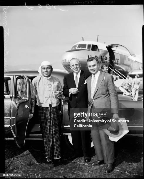 Burma premier, 11 July 1955. Mrs U Nu;U Nu ;Mayor Norris Poulson;Paul G Hoffman;Warren Dorn ;James Barrington ;Eileen Barrington .;Caption slip...