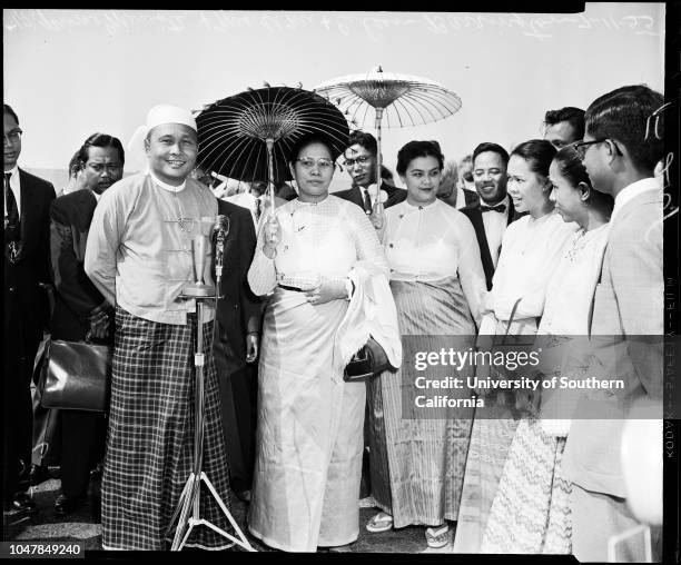 Burma premier, 11 July 1955. Mrs U Nu;U Nu ;Mayor Norris Poulson;Paul G Hoffman;Warren Dorn ;James Barrington ;Eileen Barrington .;Caption slip...