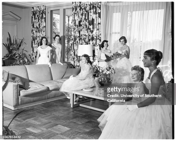 Coronet debutantes, 26 November 1955. Marilyn Morrill;Carol Lee Ackley;Joyce Kathryn Lambeau;Angela Scellars;Karen Allen;Elizabeth Anne...
