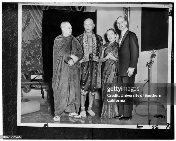 Robert Balzer to become a monk , 28 March 1956. The Venerable Mahathera Vira Dharmawara ;Robert Balzer ;Madame Indra Devi;Yul Brynner. ' Caption slip...