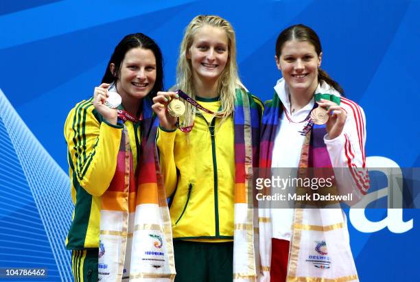 Medalist Leisel Jones of Australia , Leiston Pickett of Australia and Kate Haywood of England pose during the medal ceremony for the Women's 50m...