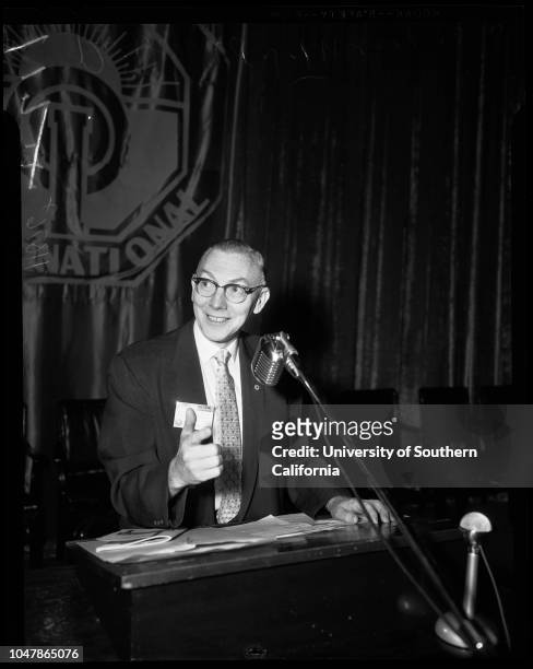 Optimist convention, 20 June 1956. Dr. Donald J Twiss .;Caption slip reads: 'Photographer: Hecht. Date: . Reporter: Kline. Assignment: Optimists....