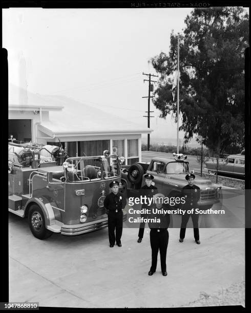 Los Angeles County Fire Station Number 97 in Azusa, 4 November 1956. Mrs Donald Borthwick;Mrs Frank Hamp;Captain Alan Fibson.;Caption slip reads:...