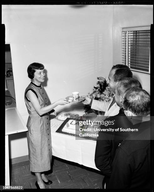 Los Angeles County Fire Station Number 97 in Azusa, 4 November 1956. Mrs Donald Borthwick;Mrs Frank Hamp;Captain Alan Fibson.;Caption slip reads:...